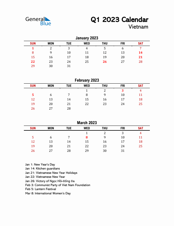 2023 Q1 Calendar with Holidays List for Vietnam