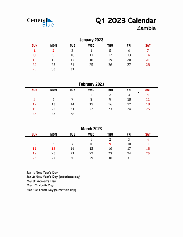 2023 Q1 Calendar with Holidays List for Zambia