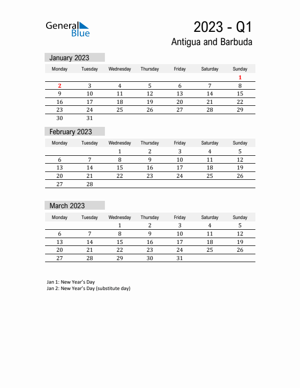 Antigua and Barbuda Quarter 1 2023 Calendar with Holidays