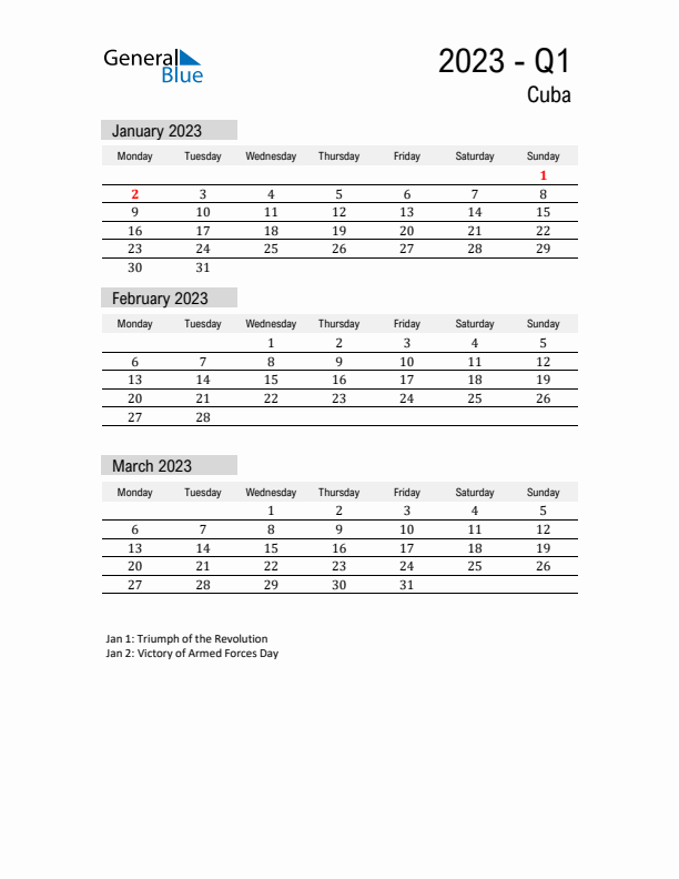 Cuba Quarter 1 2023 Calendar with Holidays