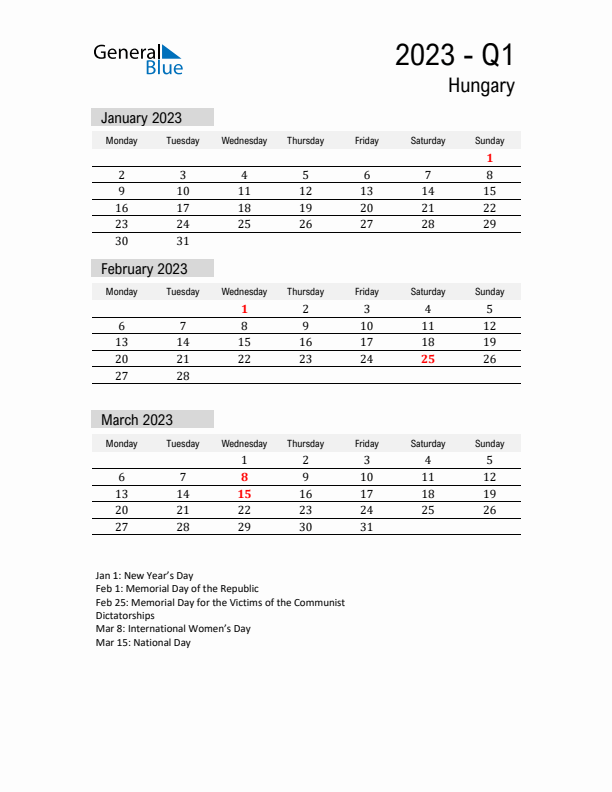 Hungary Quarter 1 2023 Calendar with Holidays