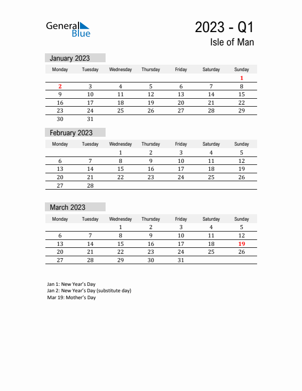 Isle of Man Quarter 1 2023 Calendar with Holidays