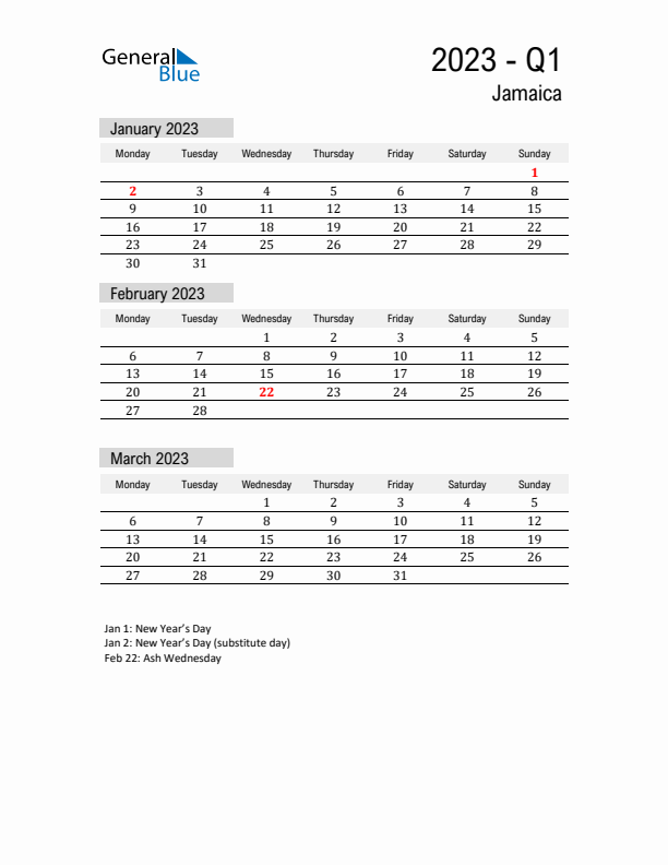 Jamaica Quarter 1 2023 Calendar with Holidays