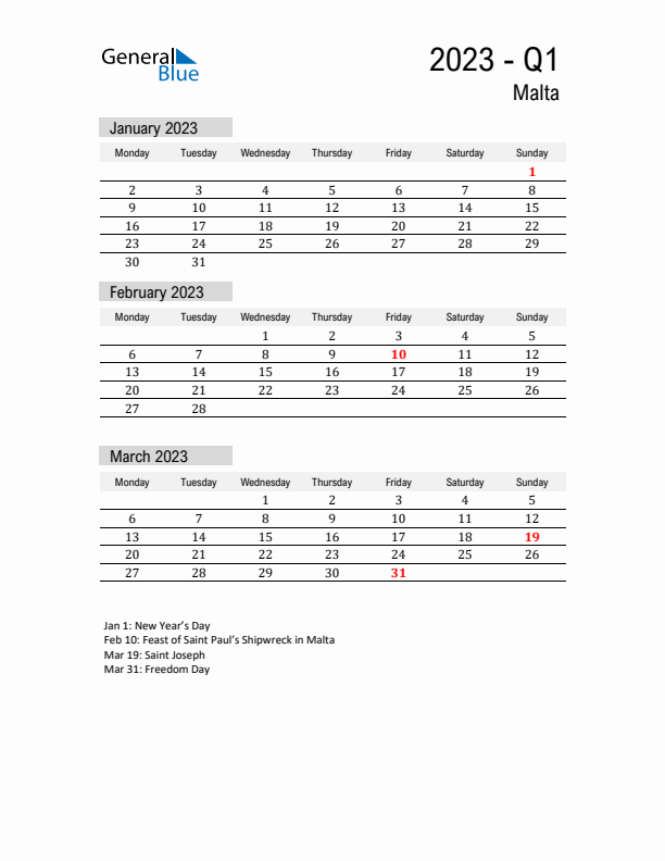 Malta Quarter 1 2023 Calendar with Holidays