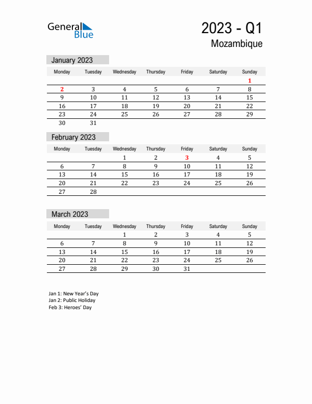 Mozambique Quarter 1 2023 Calendar with Holidays