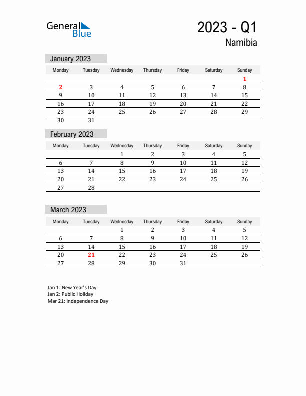 Namibia Quarter 1 2023 Calendar with Holidays