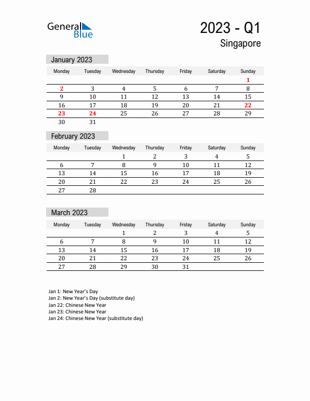 Singapore Quarter 1 2023 Calendar with Holidays