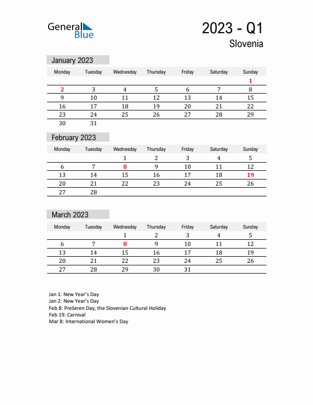 Slovenia Quarter 1 2023 Calendar with Holidays