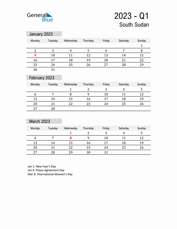 South Sudan Quarter 1 2023 Calendar with Holidays