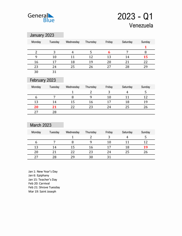 Venezuela Quarter 1 2023 Calendar with Holidays