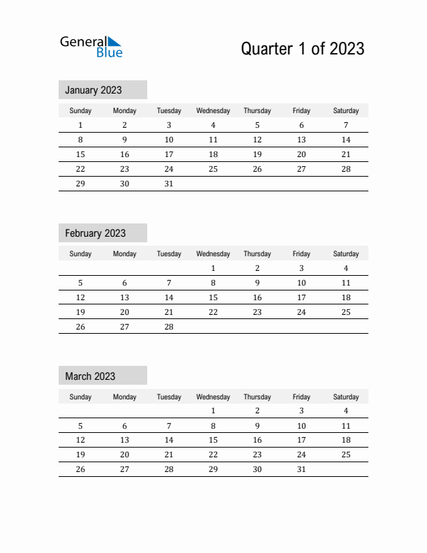 January, February, and March Calendar 2023