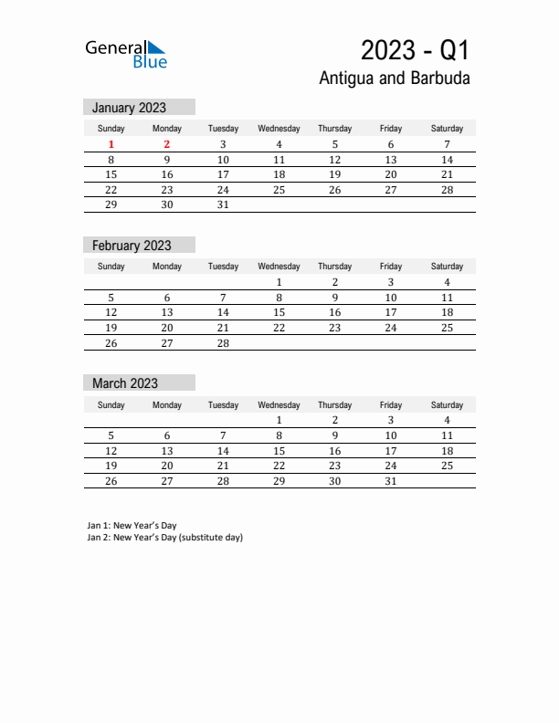 Antigua and Barbuda Quarter 1 2023 Calendar with Holidays