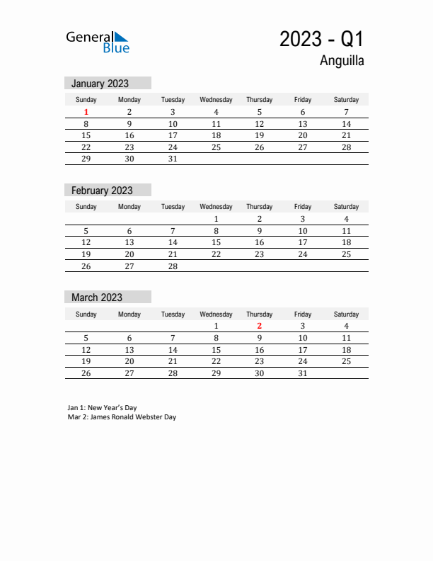 Anguilla Quarter 1 2023 Calendar with Holidays