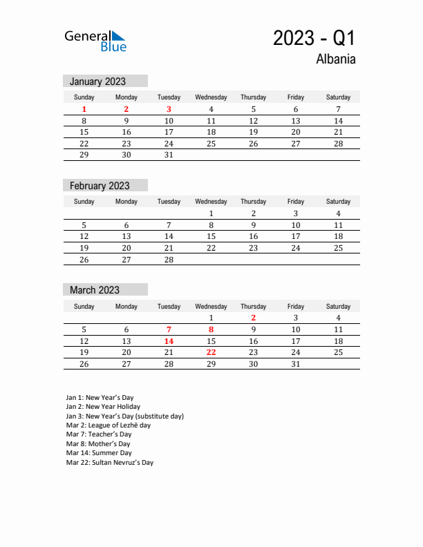 Albania Quarter 1 2023 Calendar with Holidays