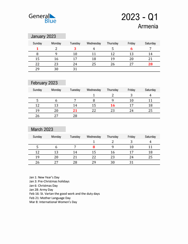 Armenia Quarter 1 2023 Calendar with Holidays