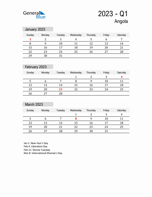 Angola Quarter 1 2023 Calendar with Holidays