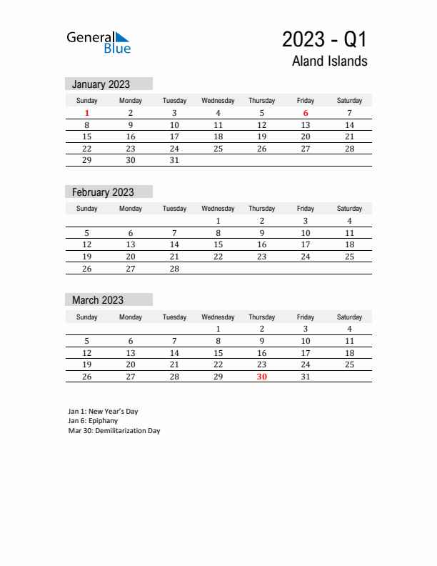 Aland Islands Quarter 1 2023 Calendar with Holidays