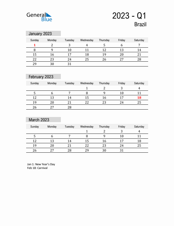 Brazil Quarter 1 2023 Calendar with Holidays