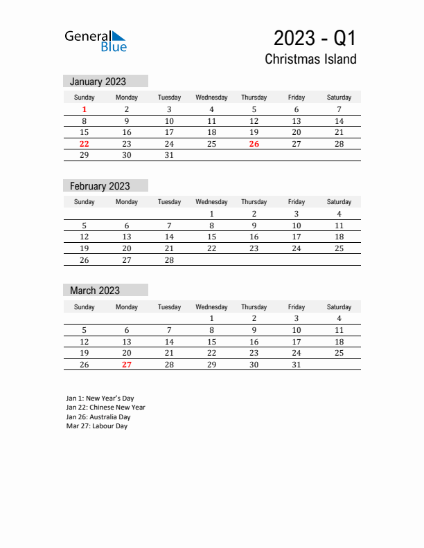 Christmas Island Quarter 1 2023 Calendar with Holidays