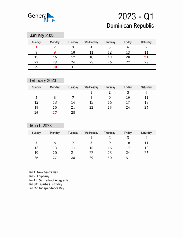 Dominican Republic Quarter 1 2023 Calendar with Holidays