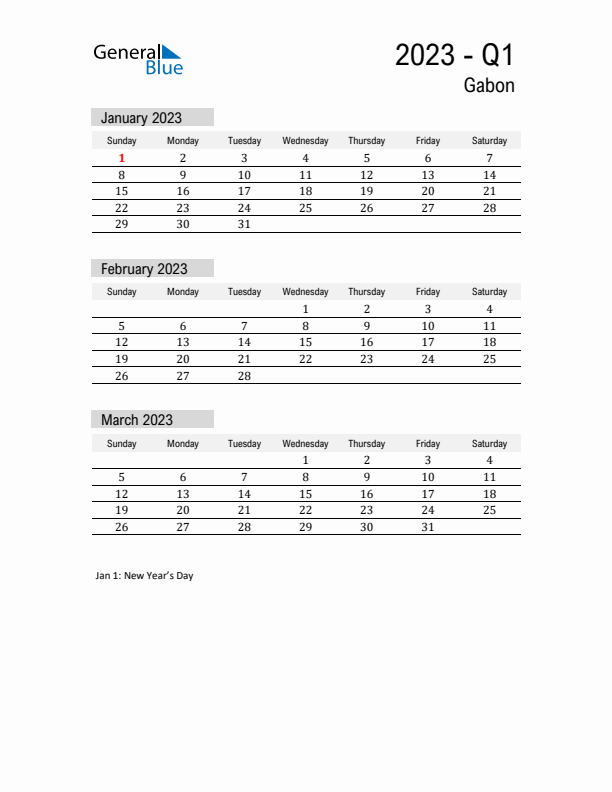 Gabon Quarter 1 2023 Calendar with Holidays