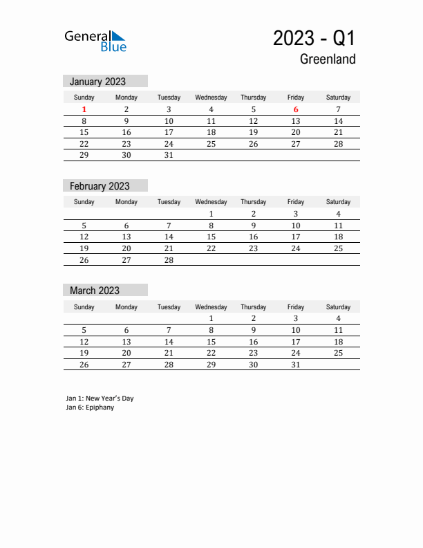 Greenland Quarter 1 2023 Calendar with Holidays