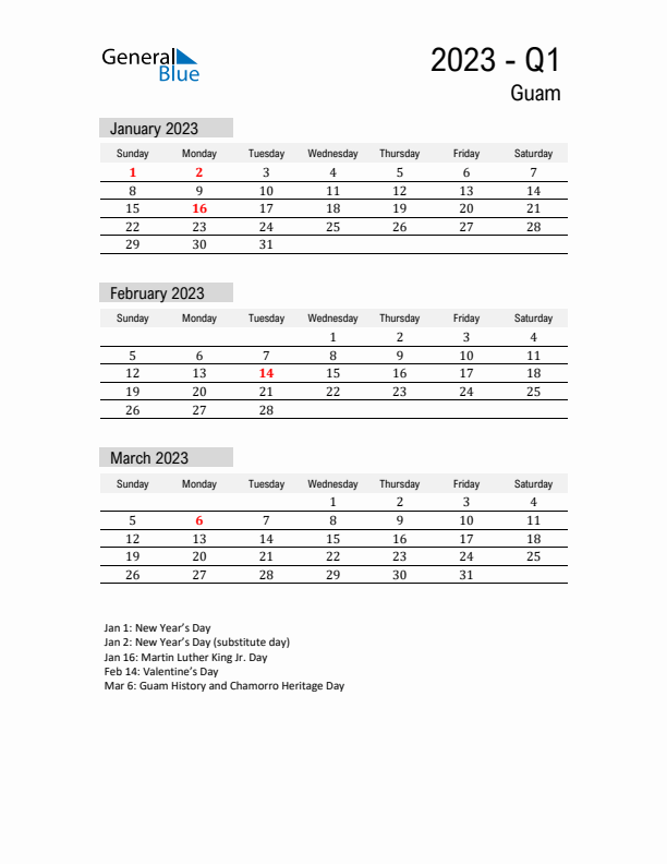 Guam Quarter 1 2023 Calendar with Holidays