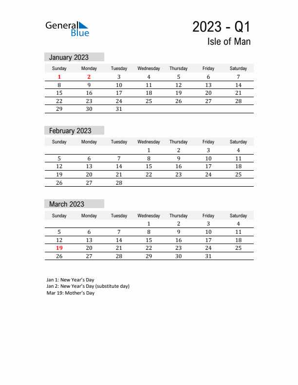 Isle of Man Quarter 1 2023 Calendar with Holidays