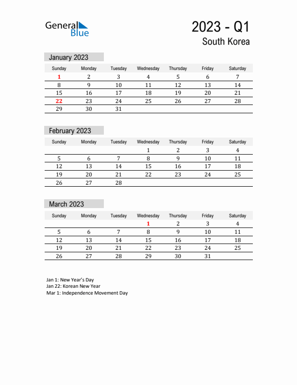 South Korea Quarter 1 2023 Calendar with Holidays