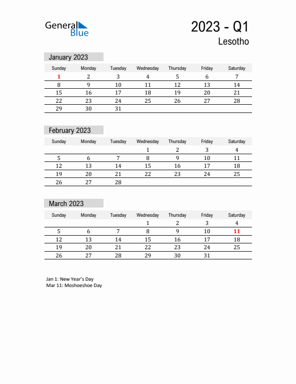 Lesotho Quarter 1 2023 Calendar with Holidays