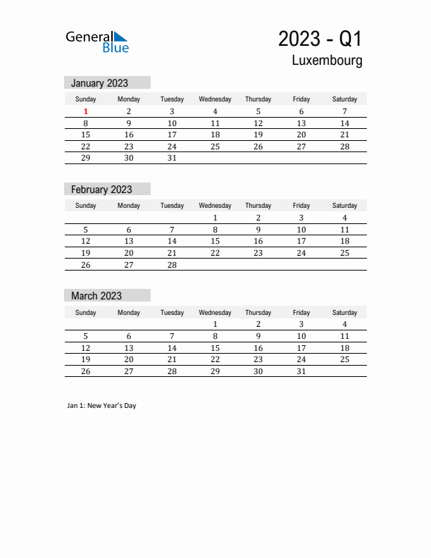 Luxembourg Quarter 1 2023 Calendar with Holidays