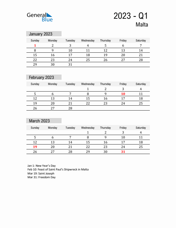 Malta Quarter 1 2023 Calendar with Holidays