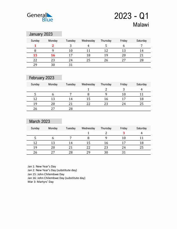 Malawi Quarter 1 2023 Calendar with Holidays