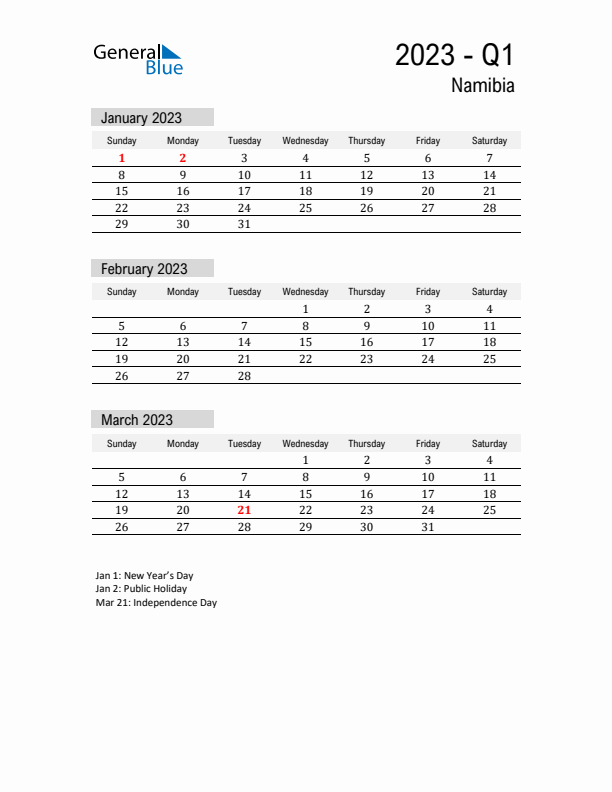 Namibia Quarter 1 2023 Calendar with Holidays