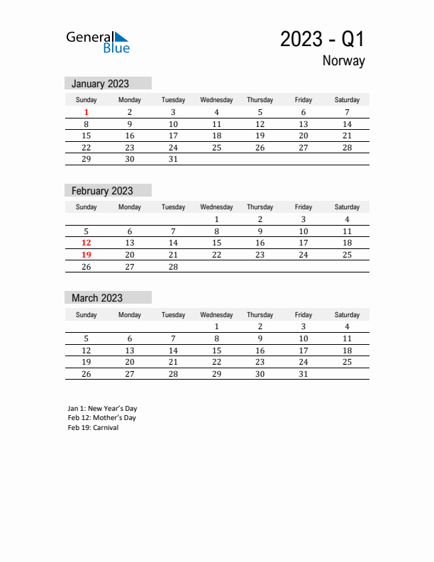 Norway Quarter 1 2023 Calendar with Holidays