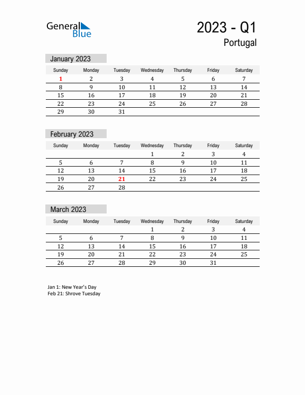 Portugal Quarter 1 2023 Calendar with Holidays