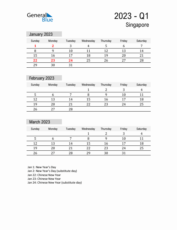 Singapore Quarter 1 2023 Calendar with Holidays
