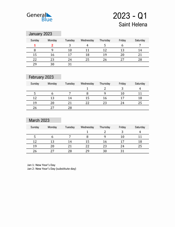 Saint Helena Quarter 1 2023 Calendar with Holidays