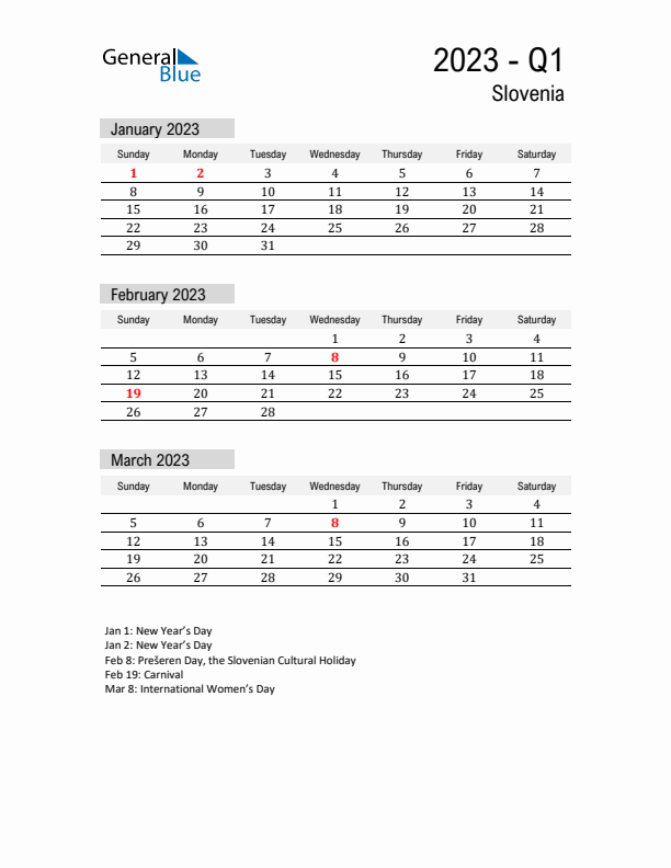 Slovenia Quarter 1 2023 Calendar with Holidays