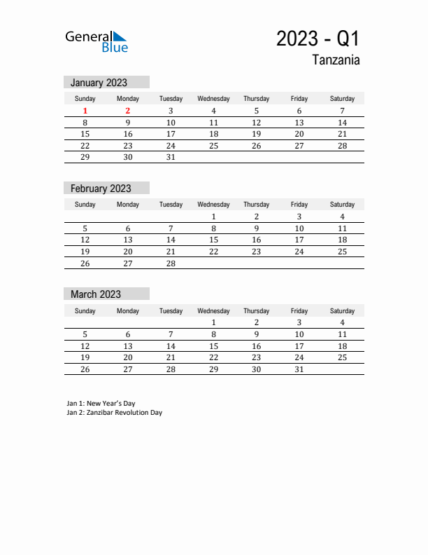 Tanzania Quarter 1 2023 Calendar with Holidays