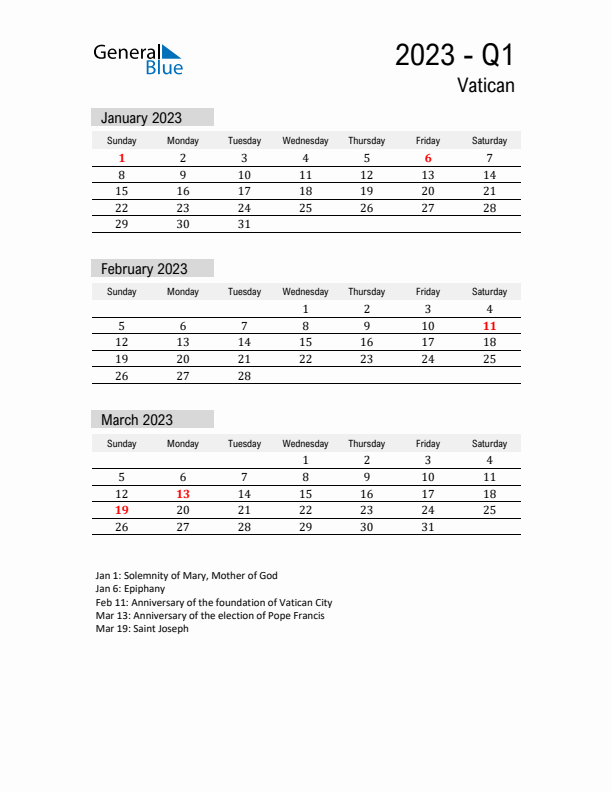 Vatican Quarter 1 2023 Calendar with Holidays