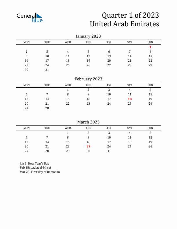 Quarter 1 2023 United Arab Emirates Quarterly Calendar