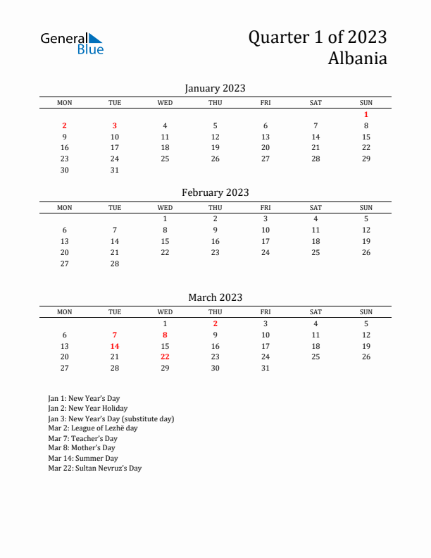 Quarter 1 2023 Albania Quarterly Calendar