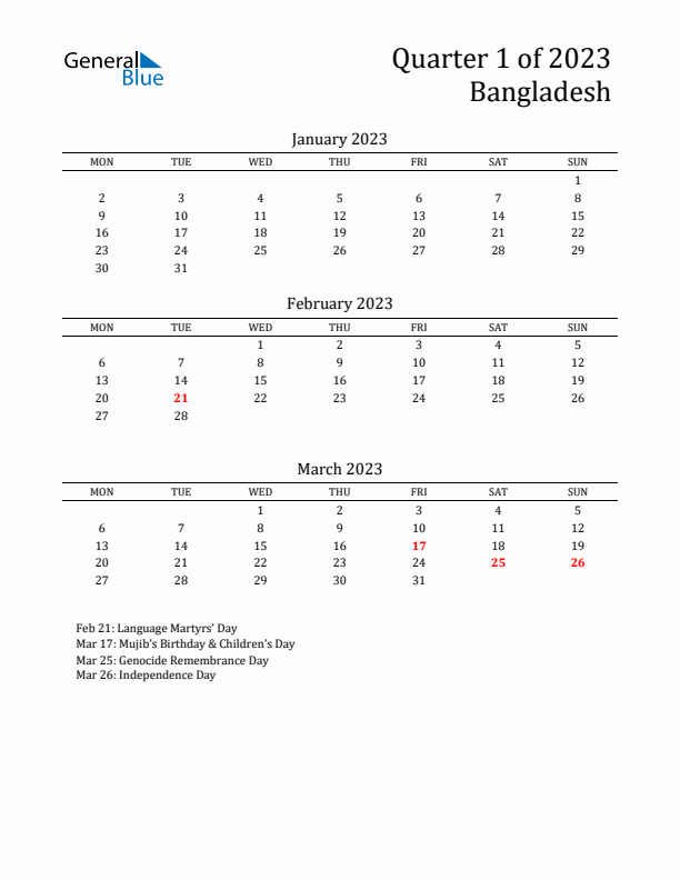 Quarter 1 2023 Bangladesh Quarterly Calendar