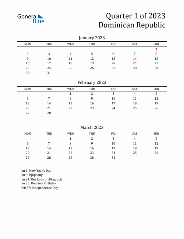 Quarter 1 2023 Dominican Republic Quarterly Calendar