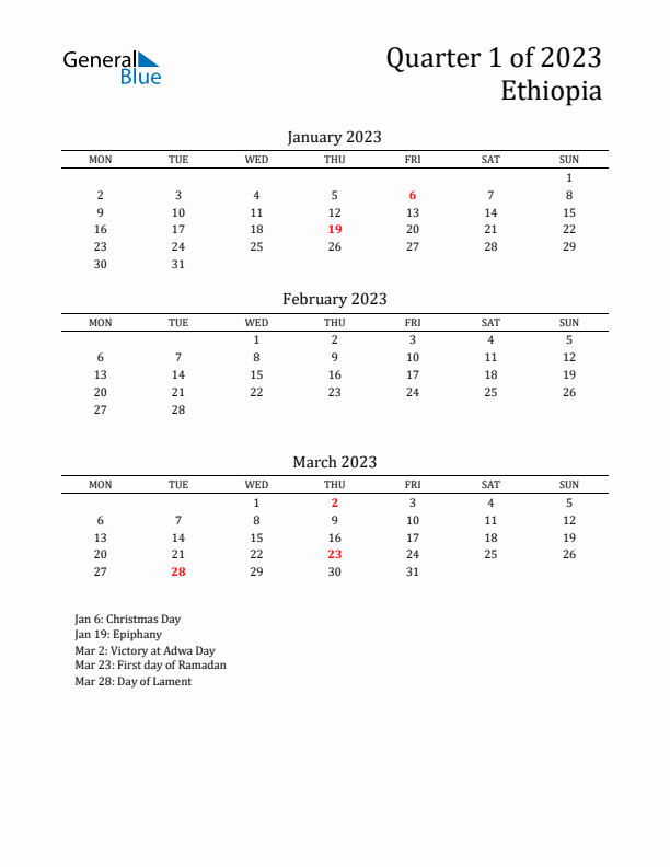 Quarter 1 2023 Ethiopia Quarterly Calendar