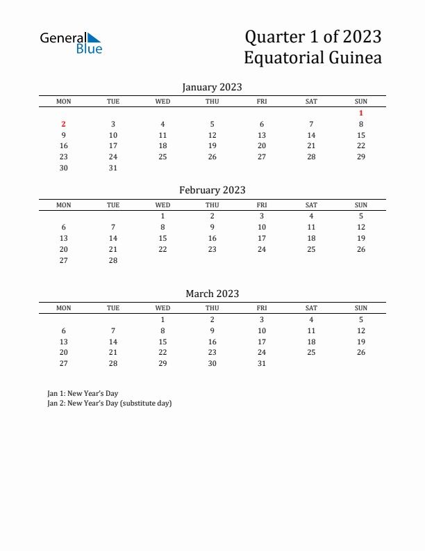 Quarter 1 2023 Equatorial Guinea Quarterly Calendar