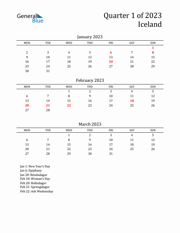 Quarter 1 2023 Iceland Quarterly Calendar