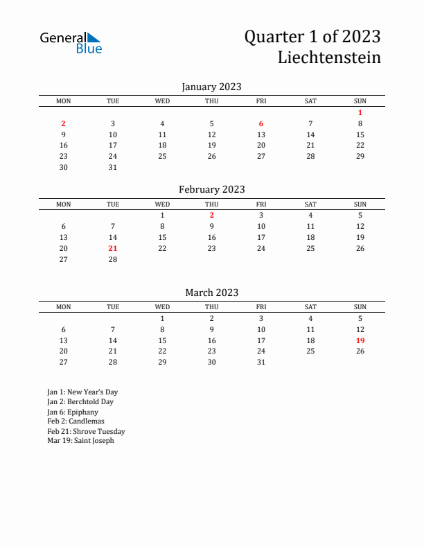 Quarter 1 2023 Liechtenstein Quarterly Calendar