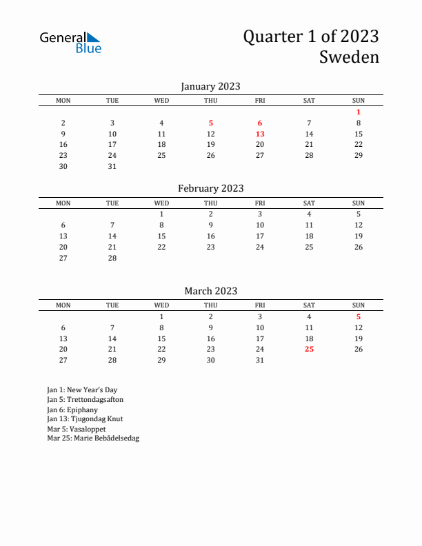 Quarter 1 2023 Sweden Quarterly Calendar